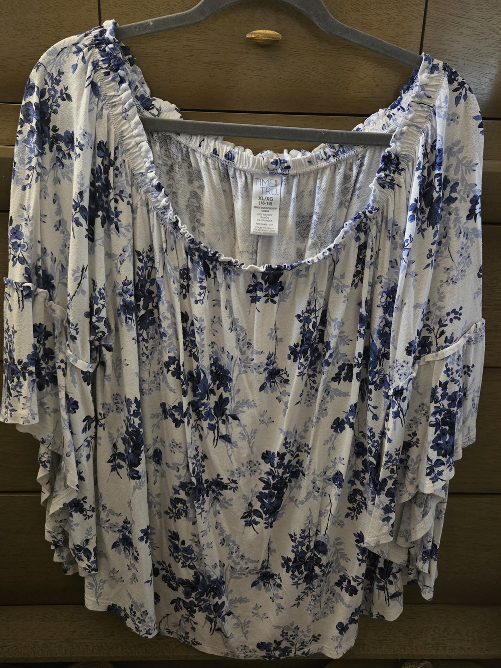 Time and Tru White and Blue Floral Tiered Peasant Top